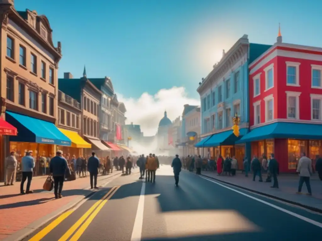 Arquitectura histórica y moderna en ciudad animada Escena urbana vibrante en una histórica calle, con edificios renovados y una mezcla de arquitectura tradicional y moderna