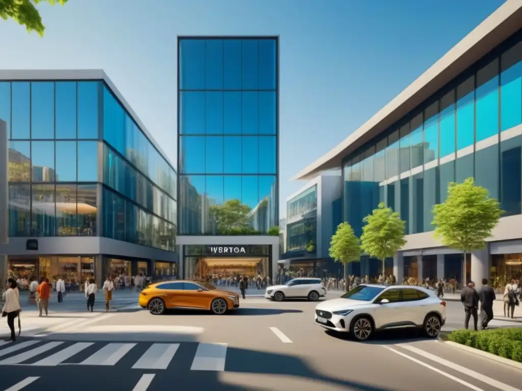 Centro comercial vibrante: prosperidad y vida urbana dinámica Escena vibrante de centro comercial con arquitectura moderna, gente diversa y opulentos autos