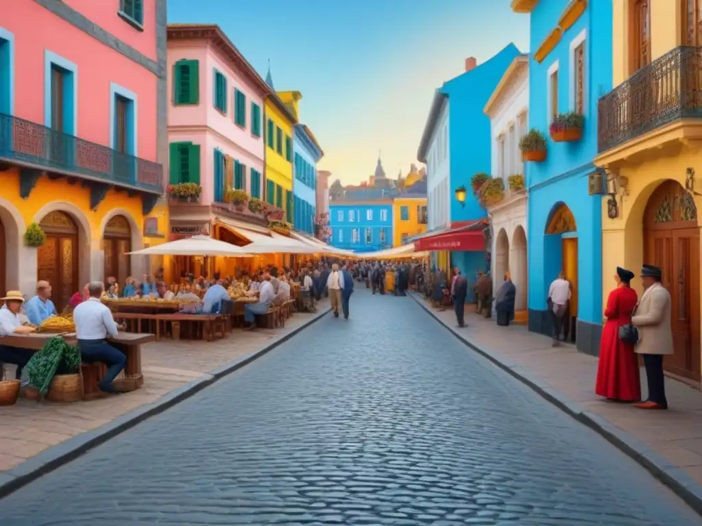 Escena vibrante de un distrito histórico: coloridas fachadas, calles empedradas y diversidad cultural bajo el sol Escena vibrante de un distrito histórico con edificios coloridos y calles empedradas, que refleja la vida comunitaria