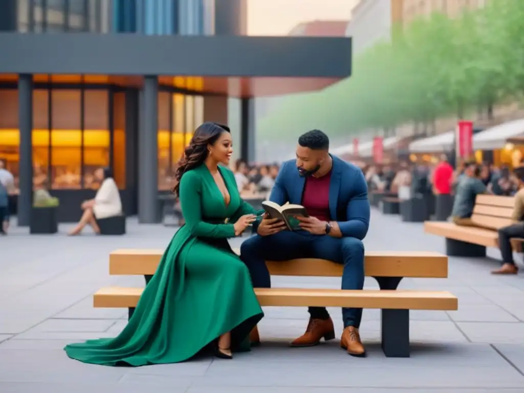 Plaza urbana vibrante: diversidad, interacción y diseño innovador Escena vibrante en una plaza urbana con diversidad de actividades y diseño innovador que fomenta la interacción comunitaria