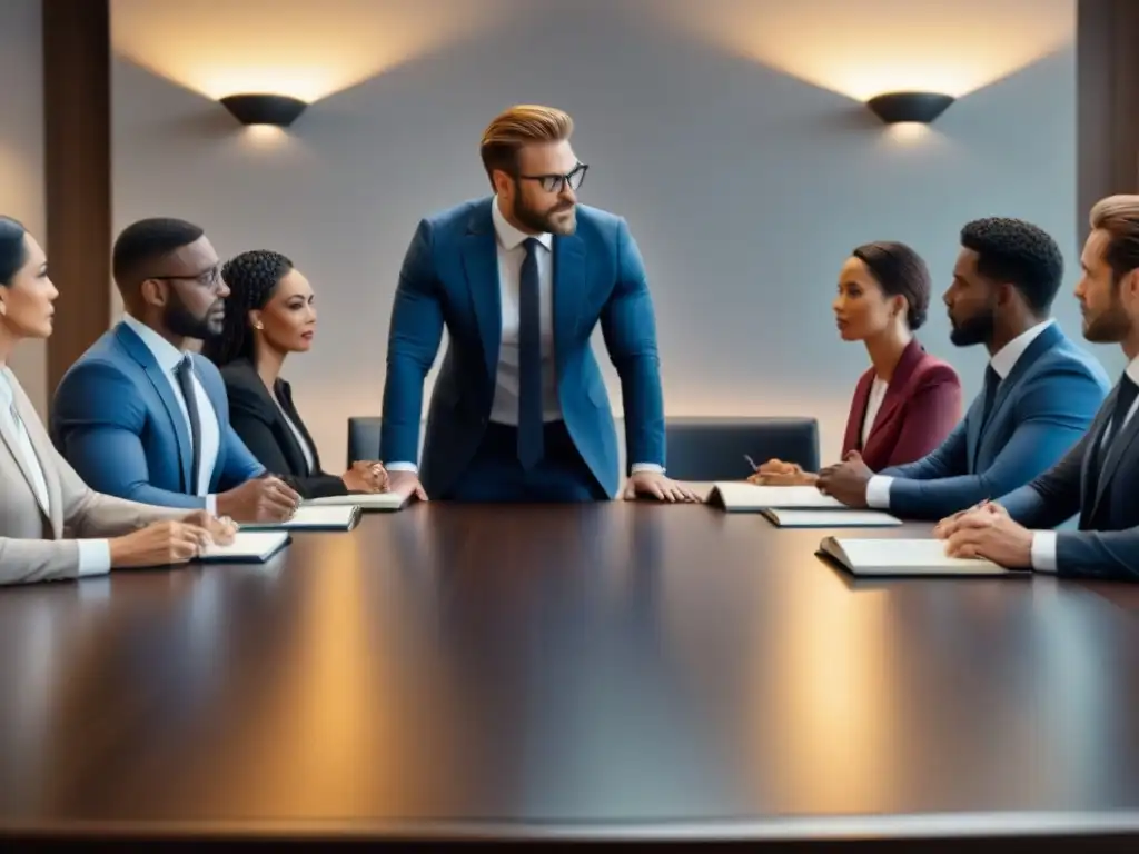Abogados colaboran en oficina legal: estrategias de propiedad Una escena vibrante de profesionales legales diversificados debatiendo estrategias legales para prevenir conflictos en restauración