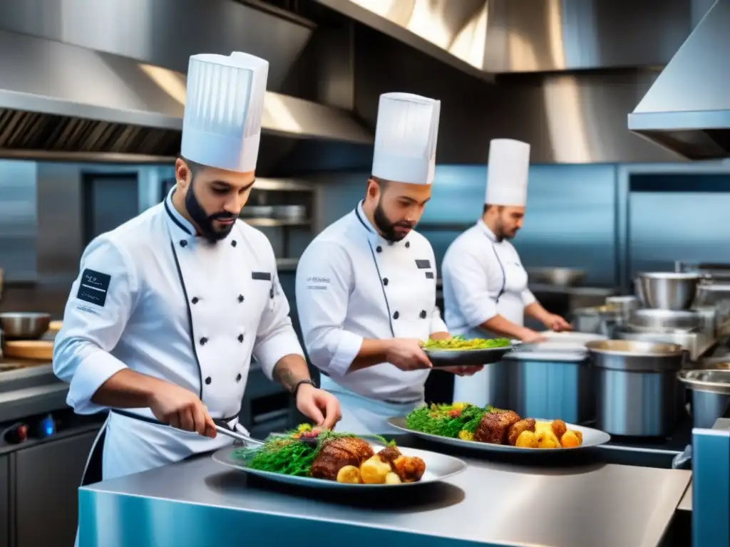 Cocina moderna: chefs y personal trabajando en armonía Escena vibrante en restaurante con personal trabajando en equipo en cocina moderna