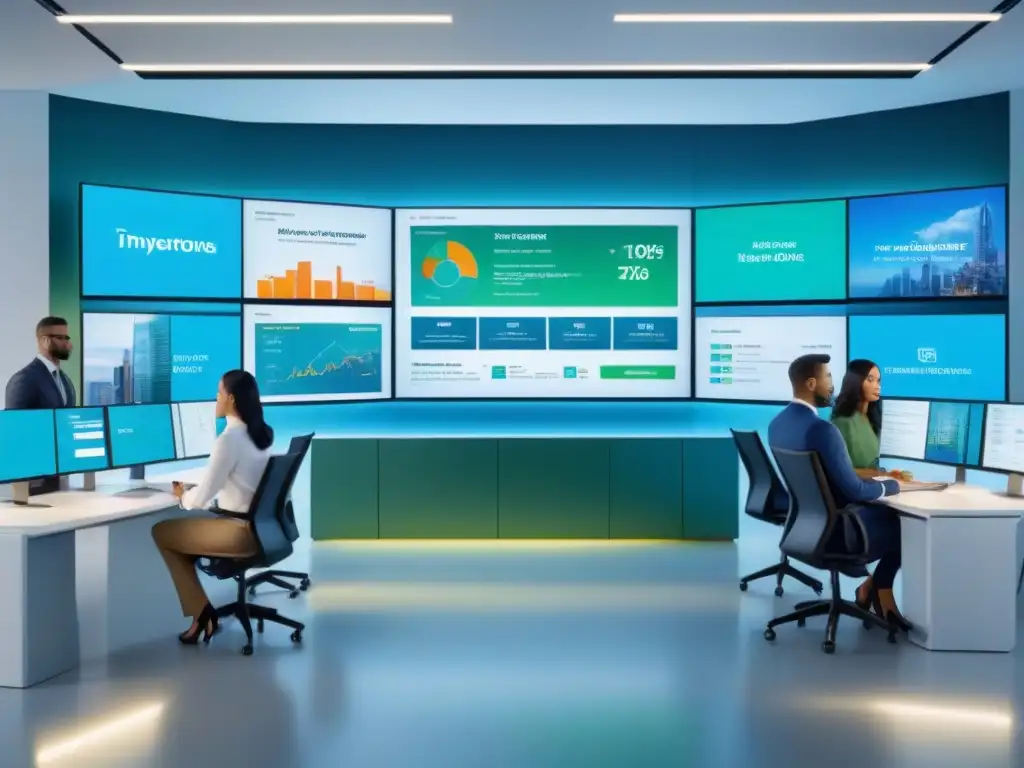 Escena financiera futurista con diversidad y colaboración Un escenario futurista en una oficina moderna donde un grupo diverso analiza el impacto del refinanciamiento en la puntuación de crédito