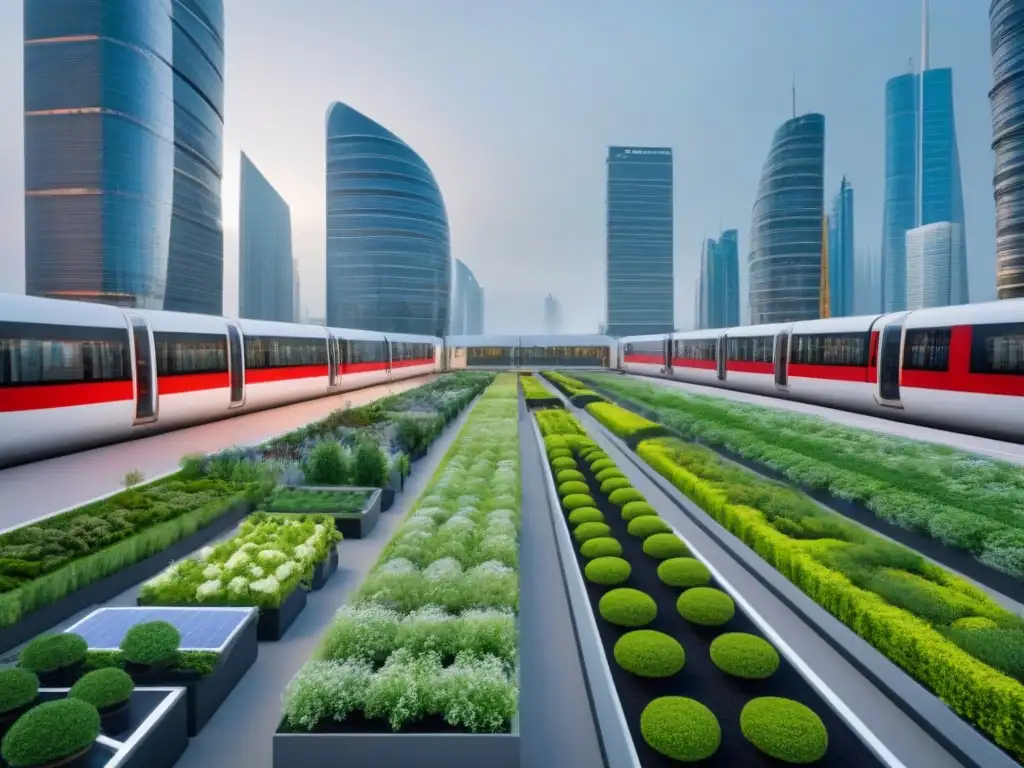 Futurismo sostenible: Ciudad verde 2023 Escenario futurista sostenible 2023: edificios verdes, transporte público eficiente y parques urbanos