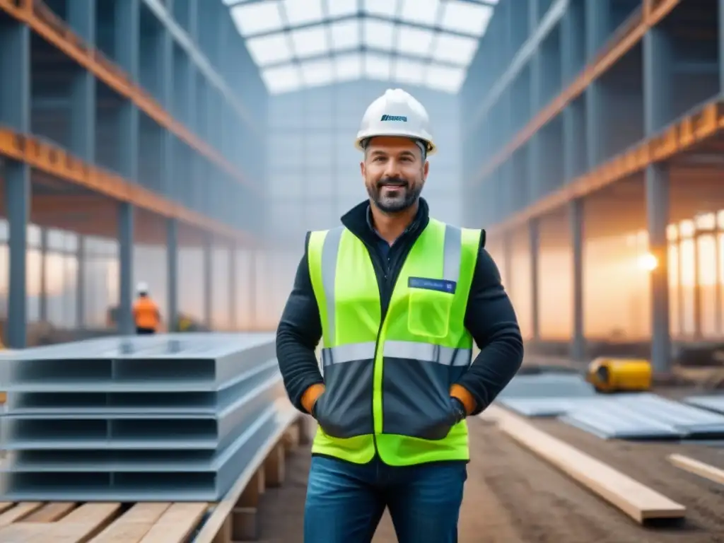 Construcción sostenible: tecnología y reciclaje en armonía Un escenario futurista de construcción sostenible donde trabajadores reciclan materiales