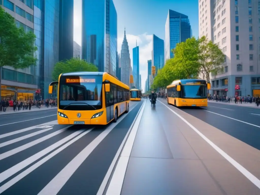 Escena urbana futurista: buses accesibles y sostenibles Un escenario urbano inclusivo con buses eléctricos, peatones diversos y accesibilidad, promoviendo el urbanismo inclusivo en ciudades accesibles