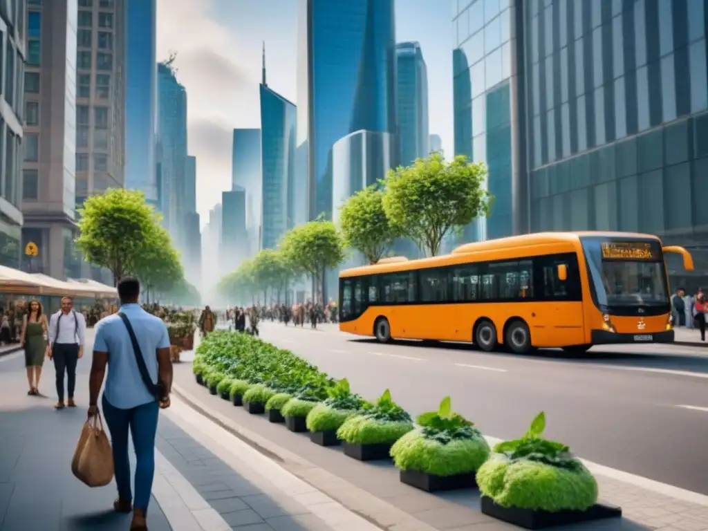 Metrópolis sostenible: arquitectura moderna y prácticas ecoamigables Un escenario urbano vibrante con rascacielos modernos, jardines en azoteas y paneles solares
