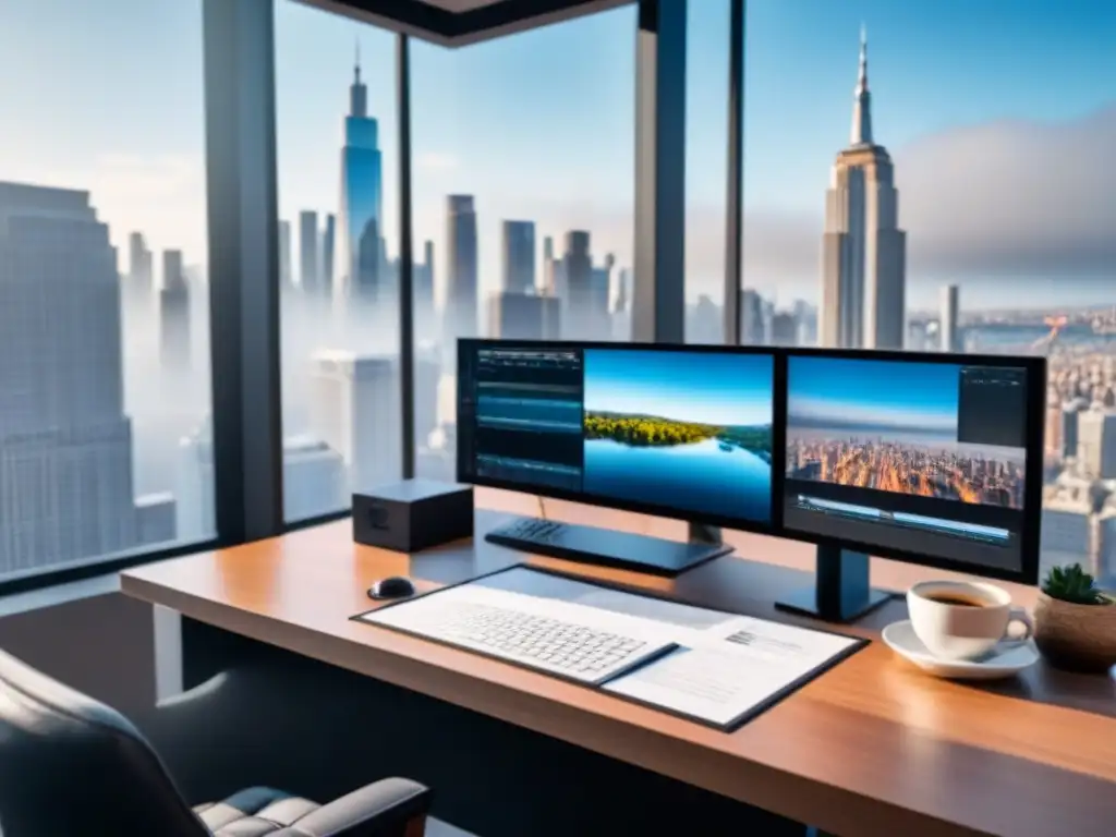 Oficina moderna para agente inmobiliario: 8k detalle Escritorio moderno de agente inmobiliario con mejores apps de productividad, vista a la ciudad y café