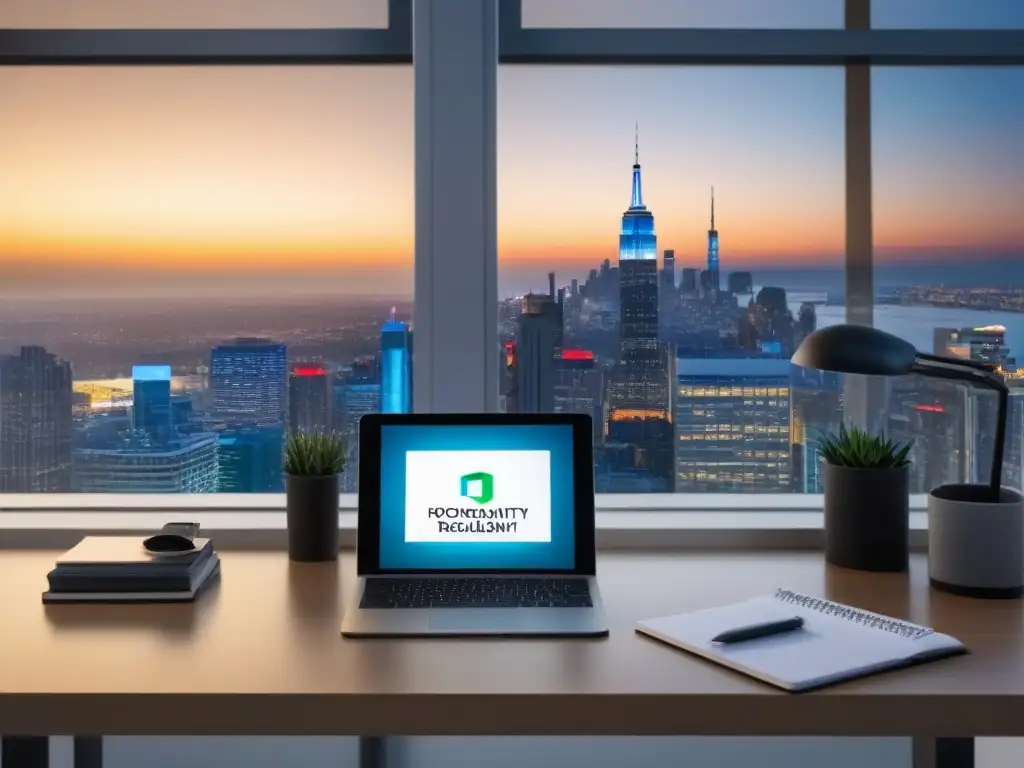 Oficina moderna para agente inmobiliario: eficiencia y productividad Escritorio moderno con apps de gestión inmobiliaria, organización y tours virtuales