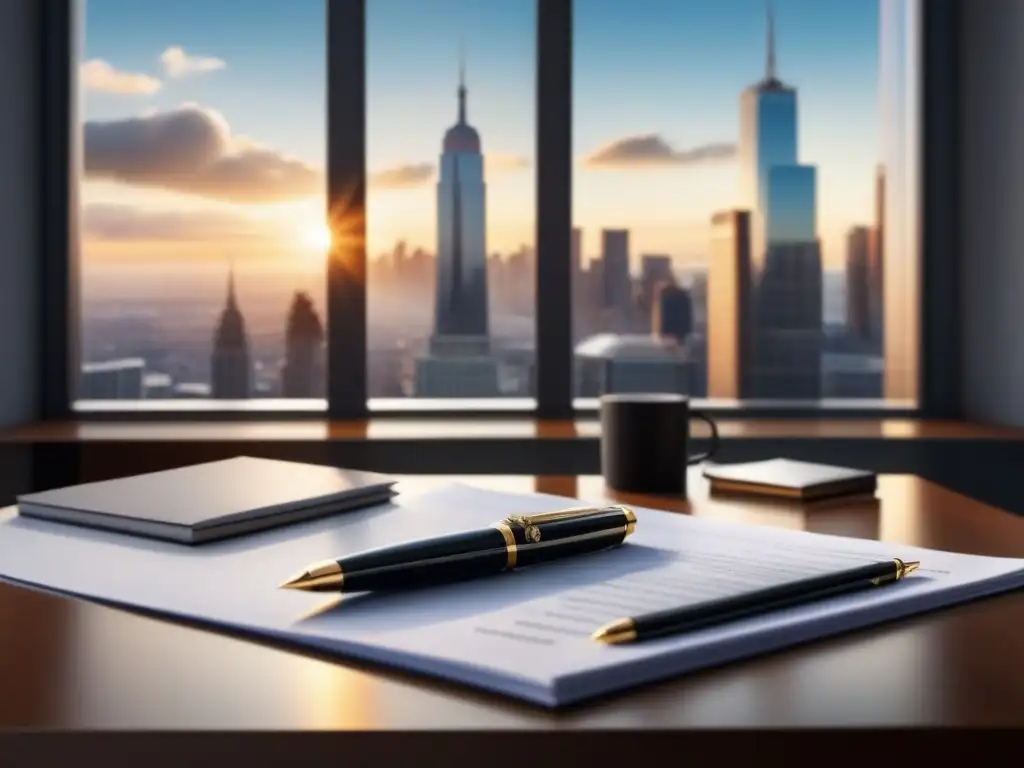 Un escritorio moderno con contratos inmobiliarios claros, pluma plateada y gafas elegantes