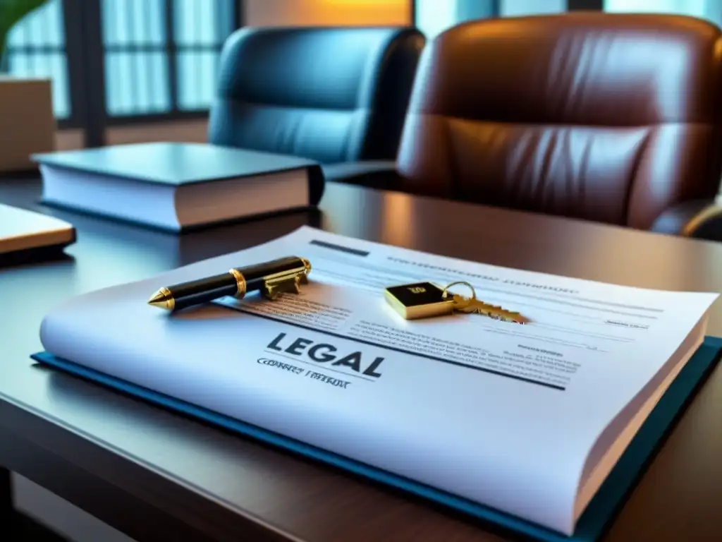 Oficina legal elegante: contratos y llaves para transacciones inmobiliarias Escritorio moderno con documentos legales, contrato en laptop y libro de leyes