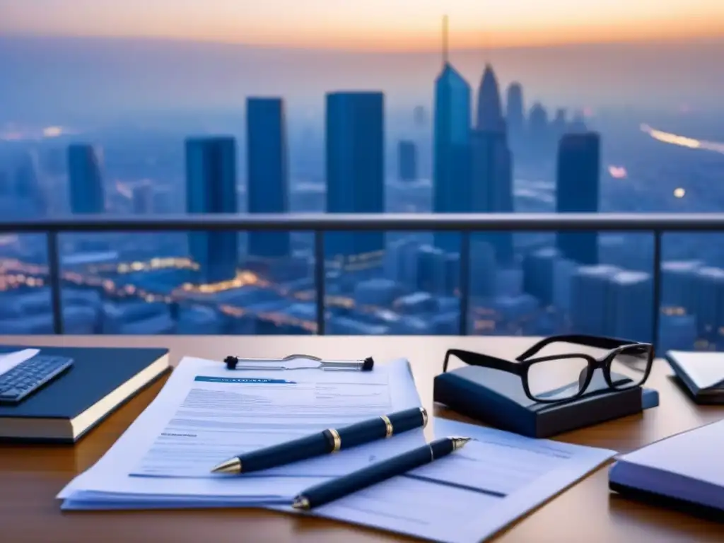 Oficina moderna: Due Diligence en compra de propiedades Escritorio moderno con documentos legales, lista de Due Diligence en laptop y lentes