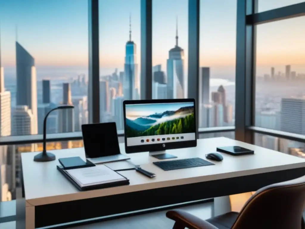 Escritorio moderno con vista panorámica: garantías e inversión inmobiliaria Escritorio moderno con laptop, papeles y llaves, iluminado por luz natural con vista a la ciudad