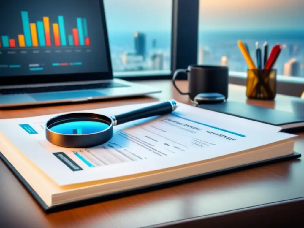 Oficina moderna: investigación exhaustiva en inversiones inmobiliarias Un escritorio moderno con lupa, documentos legales, laptop con gráficos y pluma, para cumplir normativa anticorrupción sector inmobiliario