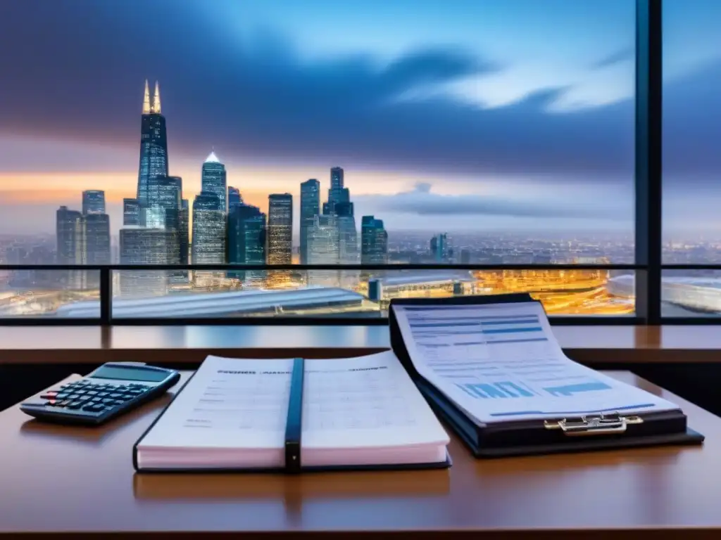 Inversión en Bienes Raíces Comerciales: Descifrando Legalidad y Finanzas Escritorio de oficina moderno con cálculos de inversión inmobiliaria, documentos legales y llaves de propiedad comercial