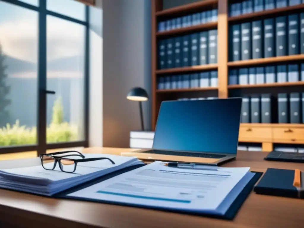 Oficina moderna: plan de conservación inmobiliaria Un escritorio de oficina moderno con documentos legales organizados, plan de conservación inmobiliaria en pantalla, pluma elegante y gafas