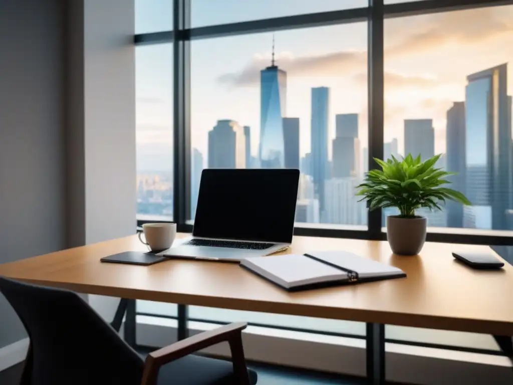 Oficina moderna y productiva con vista a la ciudad Un escritorio de oficina moderno y ordenado con laptop, cuaderno, café y luz natural, ideal para la planificación inversión inmobiliaria jubilación