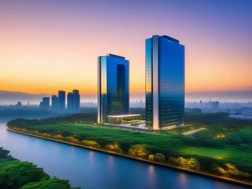 Inversión segura: Edificio moderno de lujo al atardecer Esencial proteger inversión en moderno edificio al atardecer, con ventanales y vistas a la ciudad