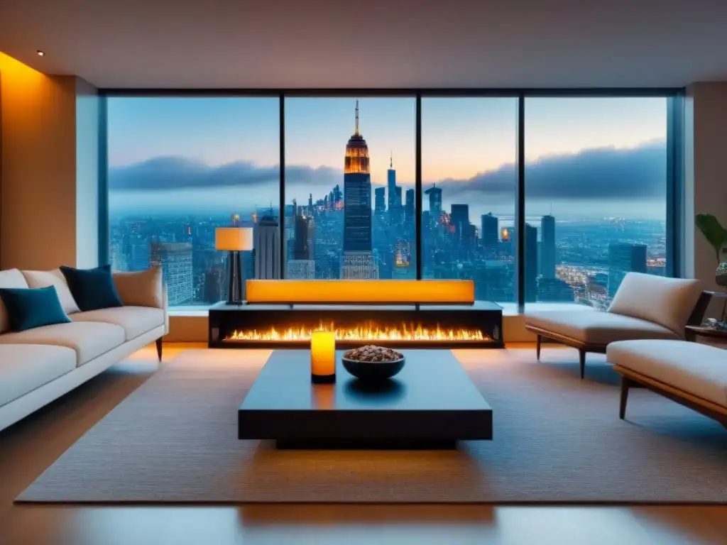 Salón moderno de lujo con vistas urbanas Esencial seguro inmobiliario: Sala de estar moderna y lujosa con vista a la ciudad y chimenea contemporánea