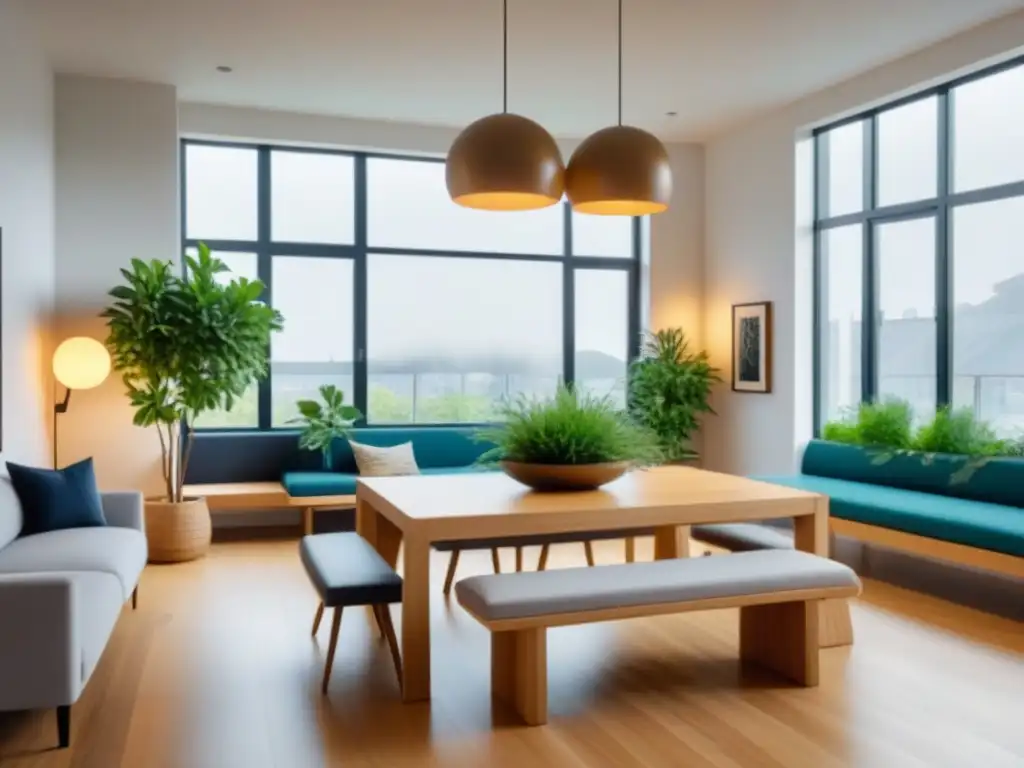 Espacio de coworking moderno y acogedor con diseño minimalista y plantas verdes Un espacio de coliving colaborativo innovador con diseño moderno, mobiliario minimalista y plantas verdes vibrantes