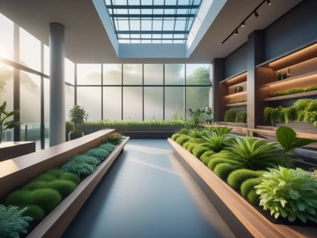 Centro comercial ecoamigable con espacios verdes integrados Un espacio comercial bullicioso con áreas verdes integradas, repleto de personas de diferentes orígenes disfrutando de la naturaleza