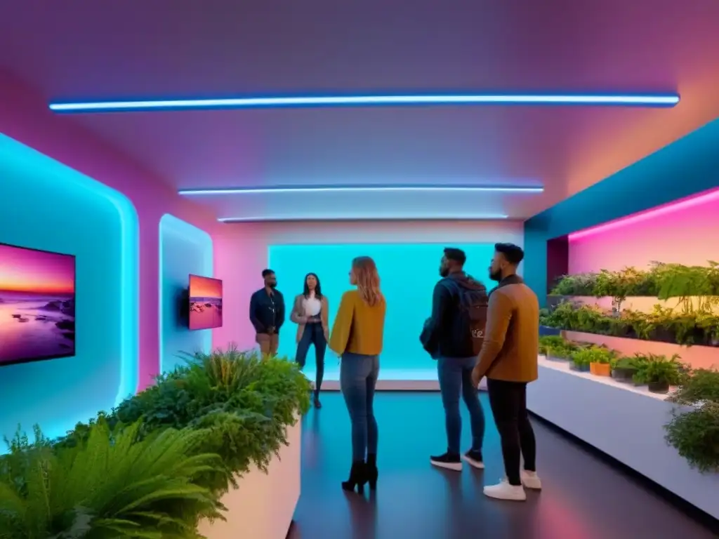 Espacio retail futurista para la Generación Z Un espacio comercial futurista para la generación Z con arquitectura geométrica, luces neón y jóvenes interactuando