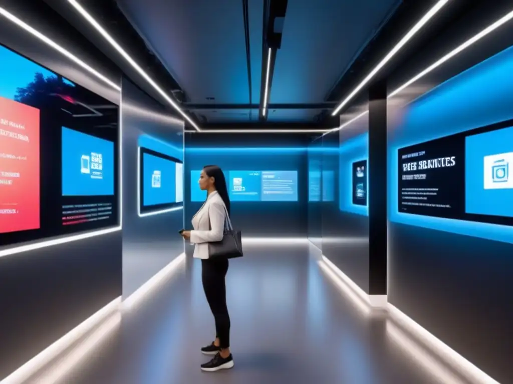 Espacio comercial futurista: tecnología y retail en armonía Un espacio comercial futurista con características metálicas, pantallas digitales interactivas y una iluminación dinámica, creando un ambiente vanguardista