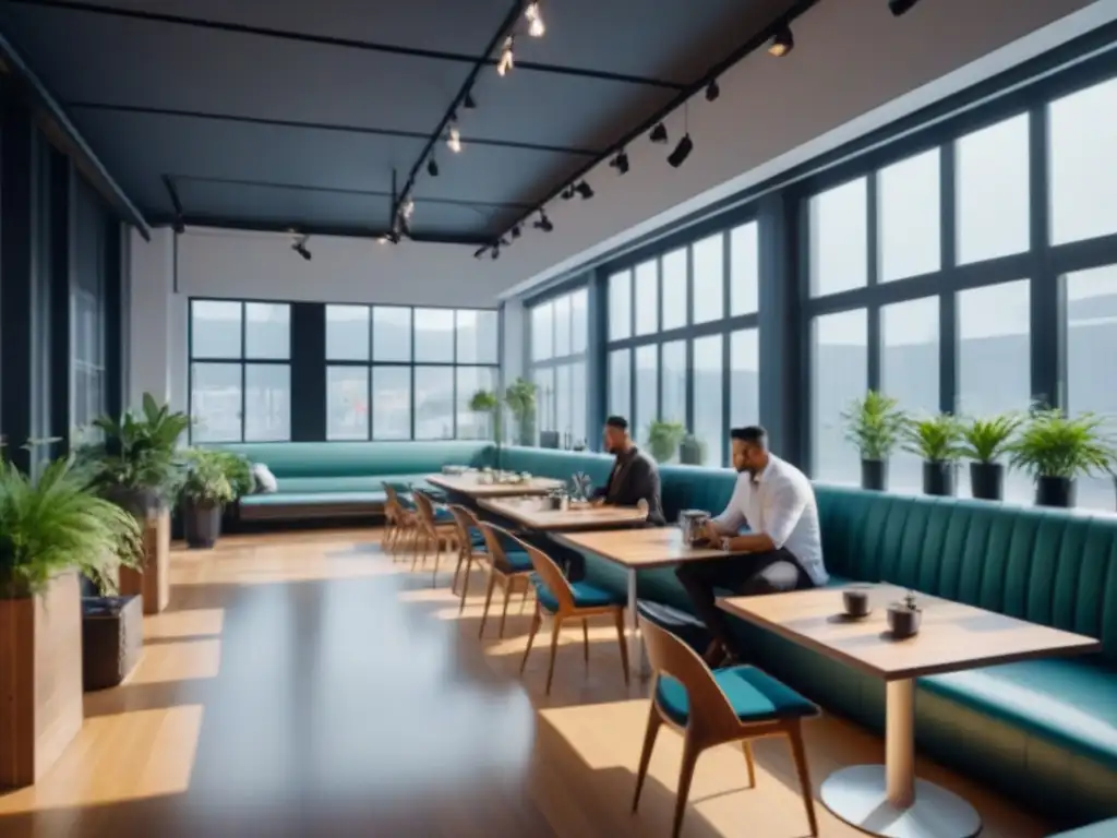 Espacio comercial futurista con variedad de negocios en armonía Un espacio comercial futurista y elegante donde conviven armoniosamente diferentes negocios