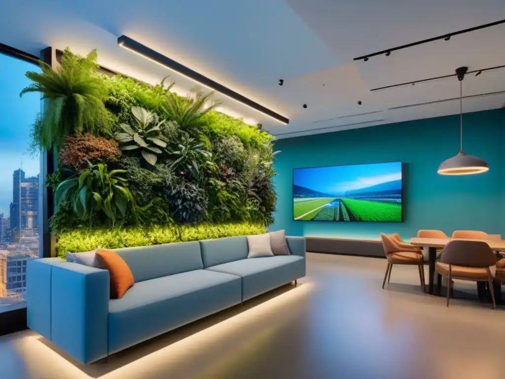 Espacio comercial futurista y sostenible: diseño eco con tecnología moderna Un espacio comercial futurista y sostenible integrando naturaleza y tecnología