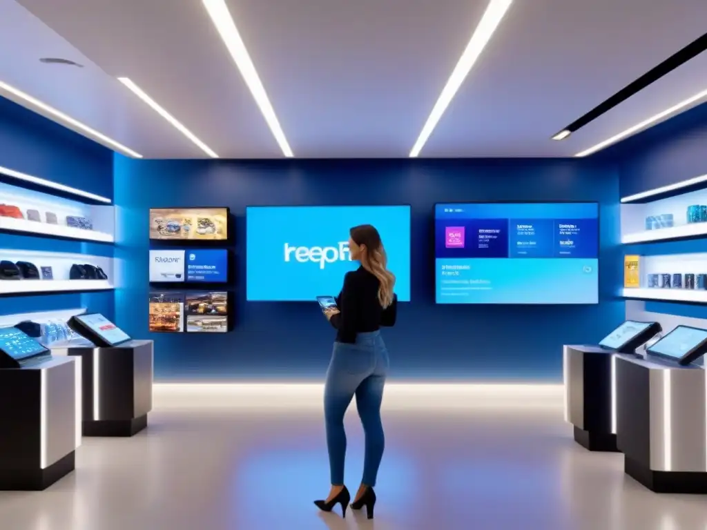 Espacio comercial futurista con tecnología interactiva y AR Un espacio comercial futurista con tecnología y realidad aumentada integradas