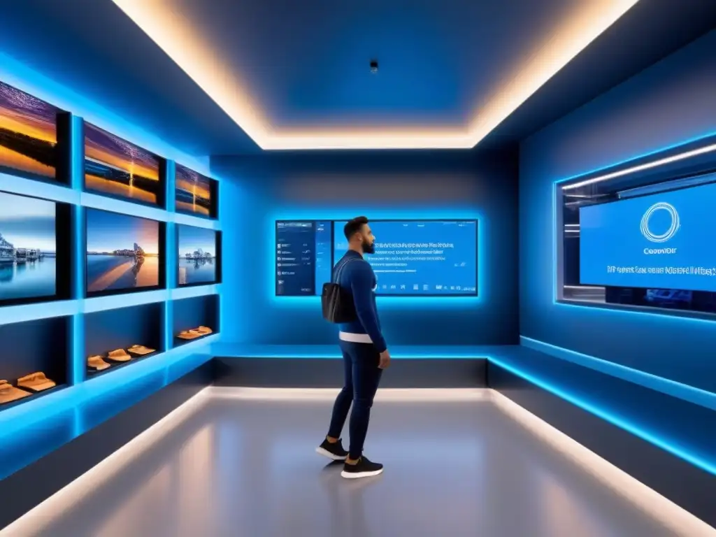 Espacio comercial futurista: tecnología y diseño vanguardista Espacio comercial futurista con tecnología avanzada y diseño minimalista, tendencias espacios comerciales próxima década