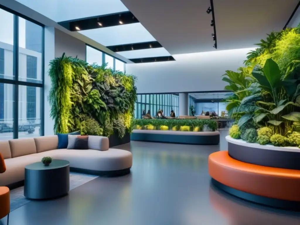 Espacio comercial moderno y vibrante con diseño multifuncional y tecnología de vanguardia Un espacio comercial innovador con diseño multifuncional, paredes de vidrio, vegetación, tecnología y áreas de estar diversificadas