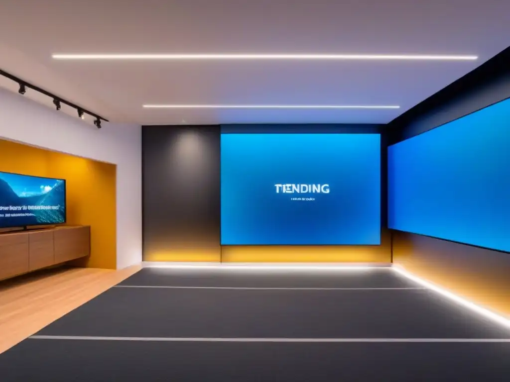 Innovador espacio comercial: diseño futurista y tecnología interactiva Un espacio comercial moderno con paredes de cristal, iluminación futurista y pantallas digitales interactivas