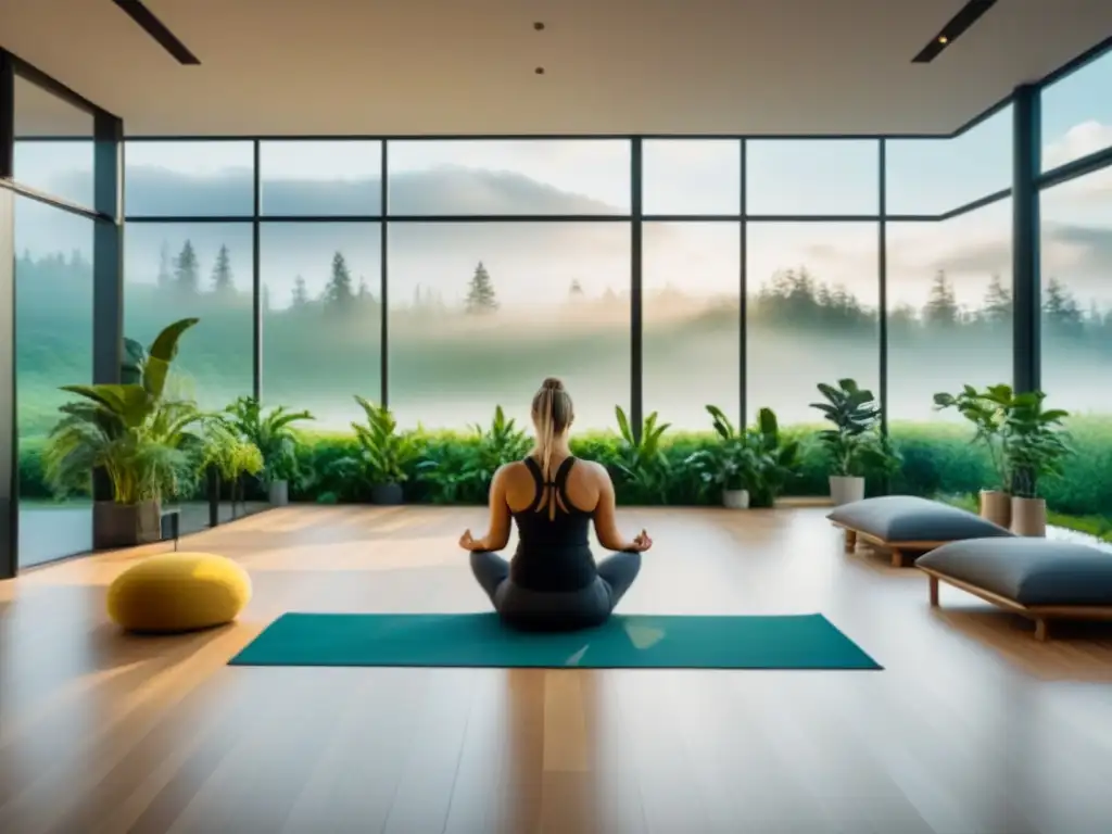 Espacio comercial moderno para salud y bienestar con diseño detallado en 8k Espacio comercial moderno para salud y bienestar con paredes verdes, luz natural y actividades de yoga