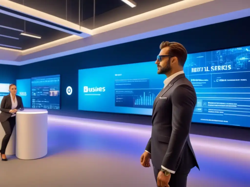Espacio comercial moderno con tecnología innovadora y ambiente profesional Espacio comercial moderno con tecnología de realidad aumentada, profesionales interactuando con hologramas y sistemas integrados en pantalla