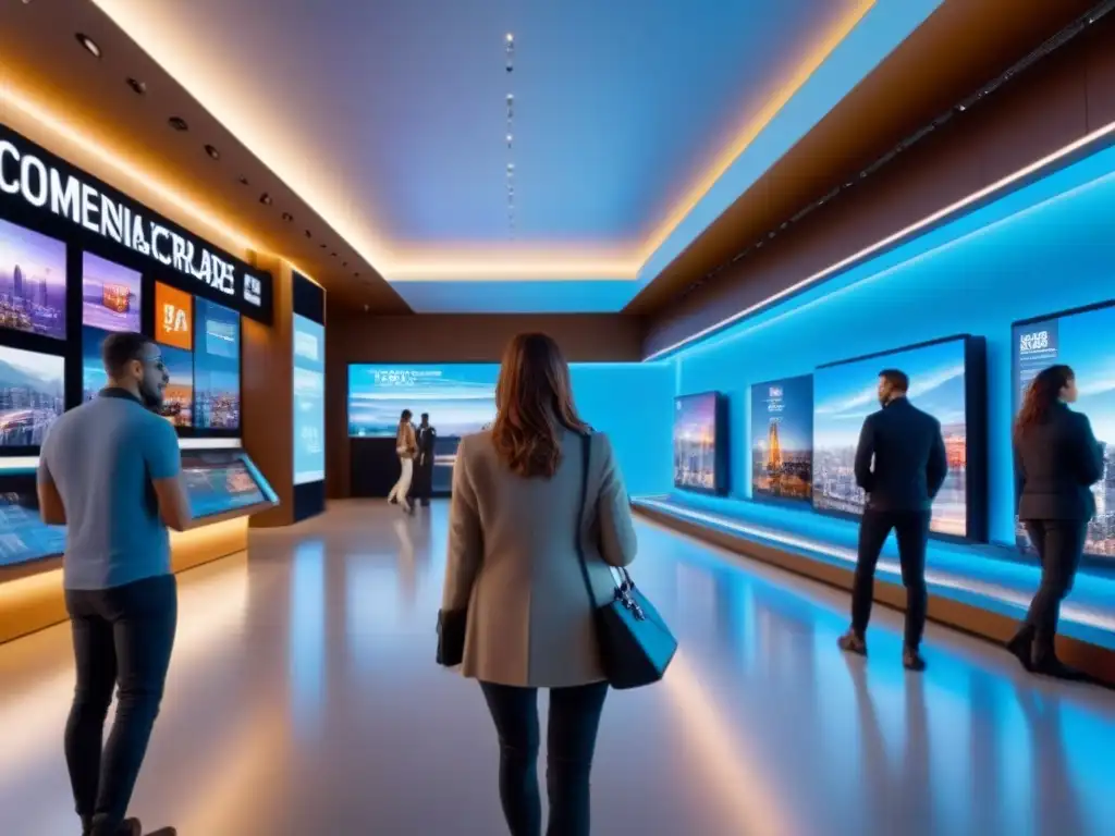 Centro comercial futurista 2023: energía, sofisticación e innovación Un espacio comercial moderno y vibrante en 2023 con diseño futurista, displays digitales interactivos y una multitud diversa disfrutando de compras, comida y entretenimiento