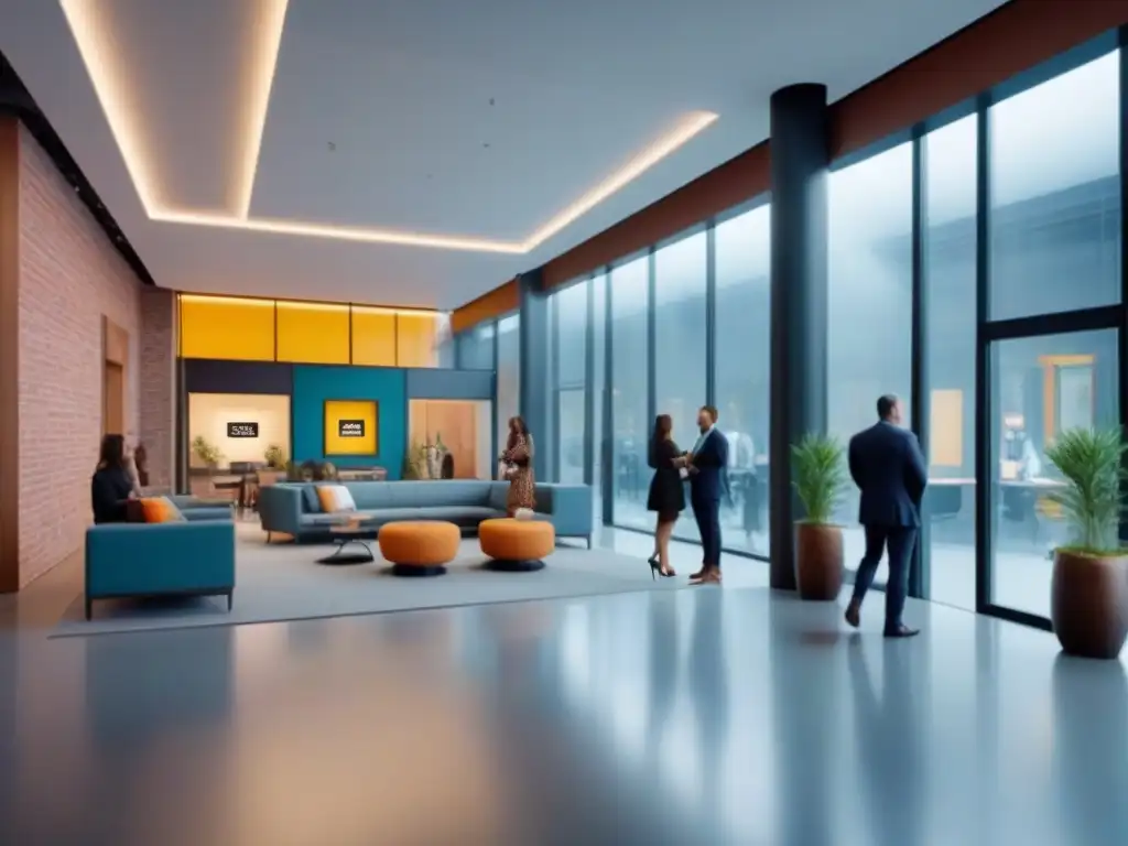 Espacio comercial vibrante y moderno: innovación y colaboración Un espacio comercial moderno y vibrante con gente diversa intercambiando ideas