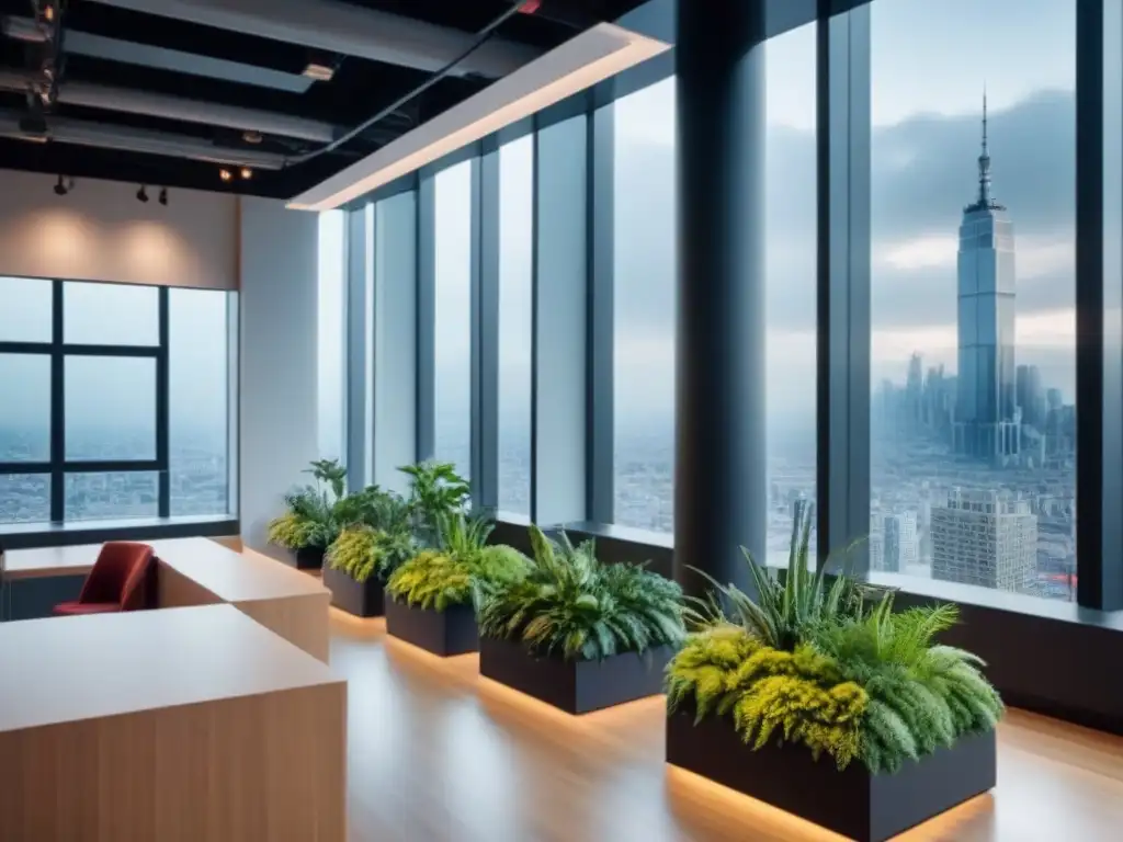 Espacio comercial moderno con vistas urbanas vibrantes Espacio comercial moderno con vistas urbanas, muebles contemporáneos y diversidad de personas