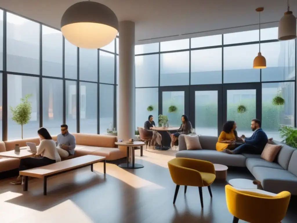 Centro comercial vibrante: cafeterías, librerías y coworking en un entorno contemporáneo Un espacio comercial multifuncional bullicioso con cafeterías, librerías, espacios de coworking y galerías de arte