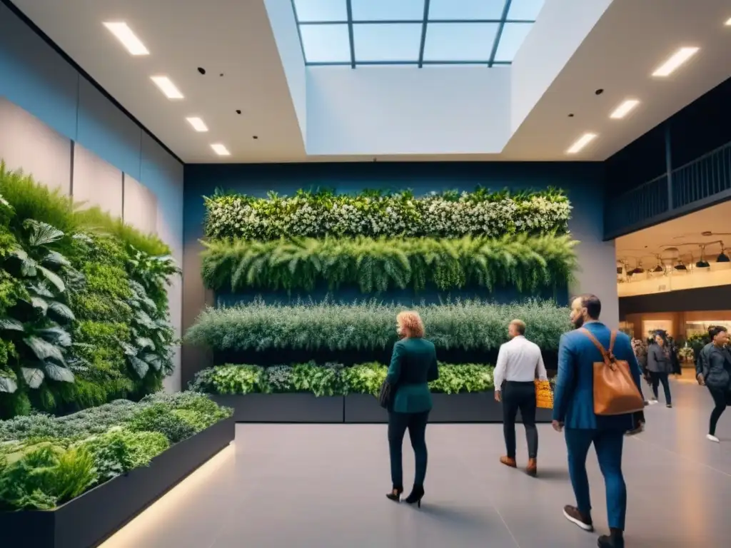 Espacio comercial sostenible y multifuncional: 8k ultradetallado Un espacio comercial multifuncional con diseño sostenible, gente de todas las edades y actividades variadas