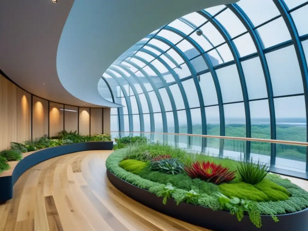 Oficina futurista con jardín vertical y diseño sostenible Un espacio comercial multifuncional y futurista con diseño sostenible, lleno de innovación y conciencia ambiental