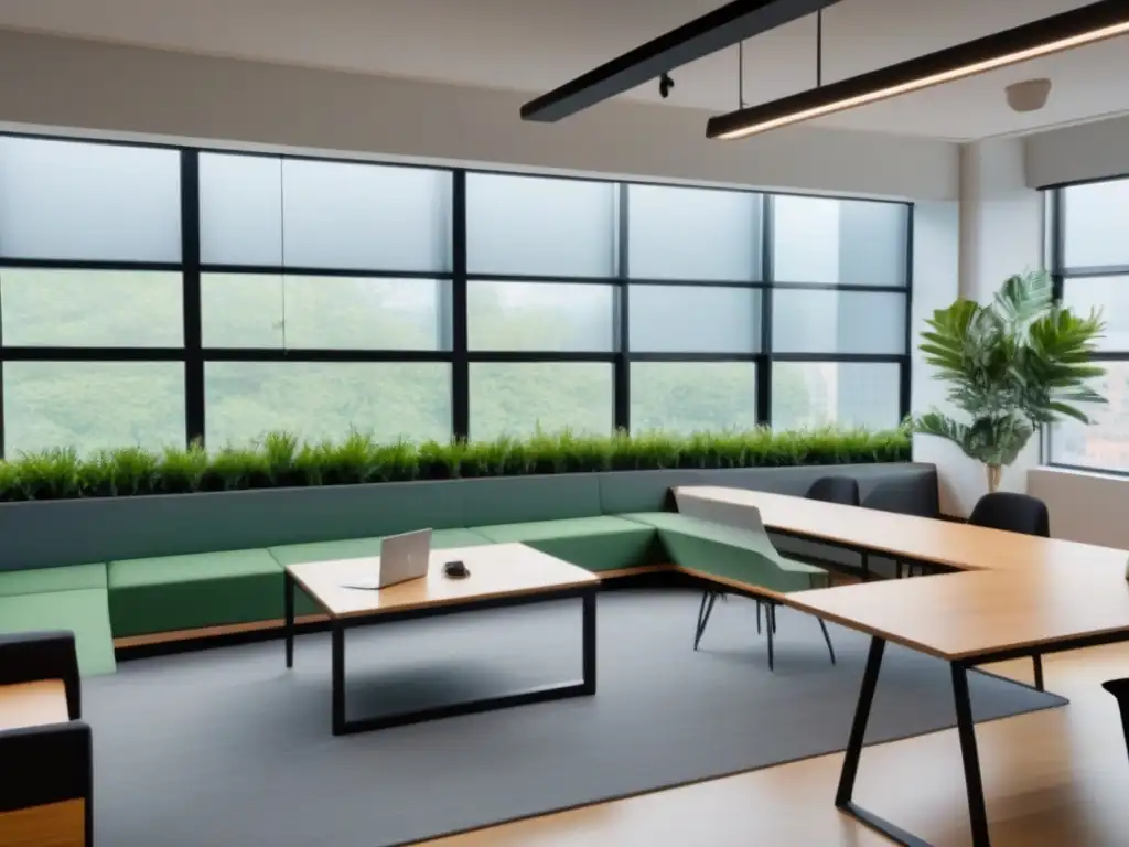 Espacio comercial multifuncional y moderno con diseño contemporáneo Un espacio comercial multifuncional, con mobiliario versátil y plantas verdes vibrantes, ideal para fomentar la colaboración y la productividad
