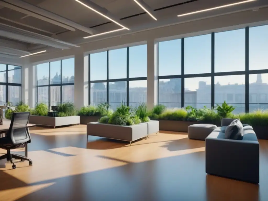 Espacio comercial sostenible y moderno con profesionales colaborativos Un espacio comercial multifuncional con diseño sostenible: ambiente moderno, ecofriendly y colaborativo