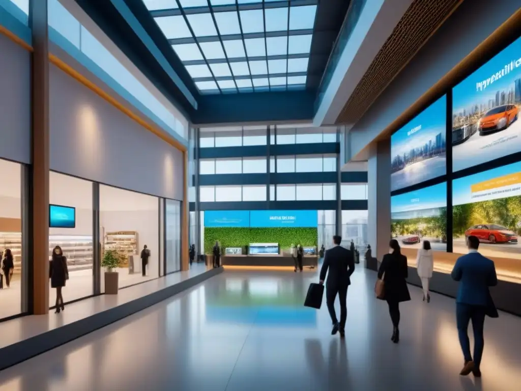 Centro Comercial Multifuncional: Modernidad y Vitalidad Un espacio comercial multifuncional vibrante y dinámico, con arquitectura moderna, tecnología inteligente y grupos diversos de personas