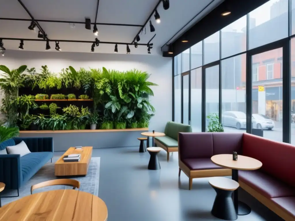 Espacio comercial contemporáneo: café trendy, coworking y tienda boutique en un ambiente dinámico y vibrante Un espacio comercial multifuncional vibrante, con cafetería, coworking, tienda y eventos comunitarios, mostrando los beneficios de estos espacios
