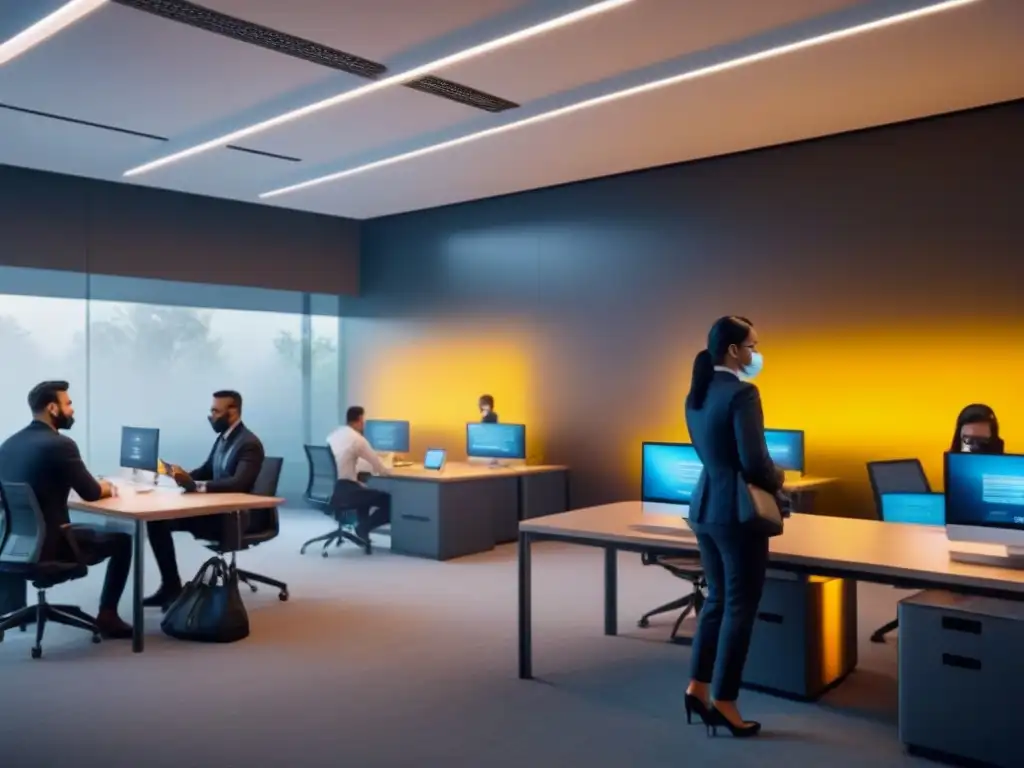 Espacio comercial posCOVID: diversidad, tecnología y eficiencia Un espacio comercial multifuncional postCOVID vibrante con tecnología futurista y medidas de higiene avanzadas