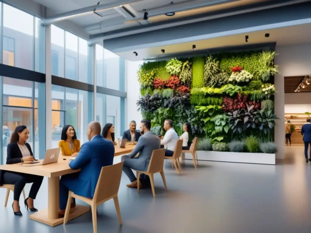 Centro comercial sostenible: vida urbana ecoamigable Un espacio comercial sostenible y vibrante donde la comunidad diversa disfruta de amenidades ecoamigables y eventos