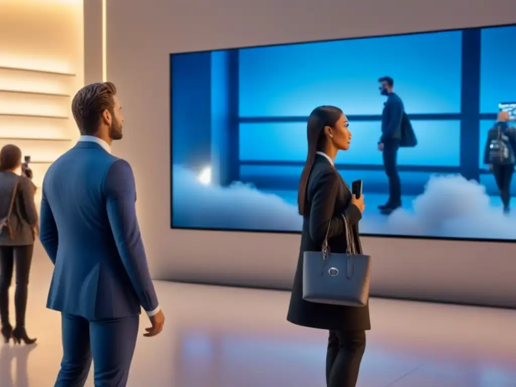 Espacio comercial futurista con tecnología AR innovadora Espacio comercial con tecnología de realidad aumentada integrada, clientes explorando experiencias virtuales innovadoras