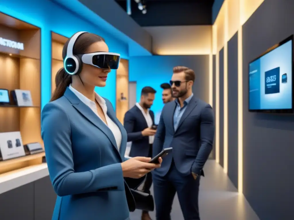 Espacio comercial innovador con tecnología AR y realidad aumentada Espacio comercial tecnológico con realidad aumentada: demostraciones interactivas, clientes usando smartphones, personal con auriculares futuristas