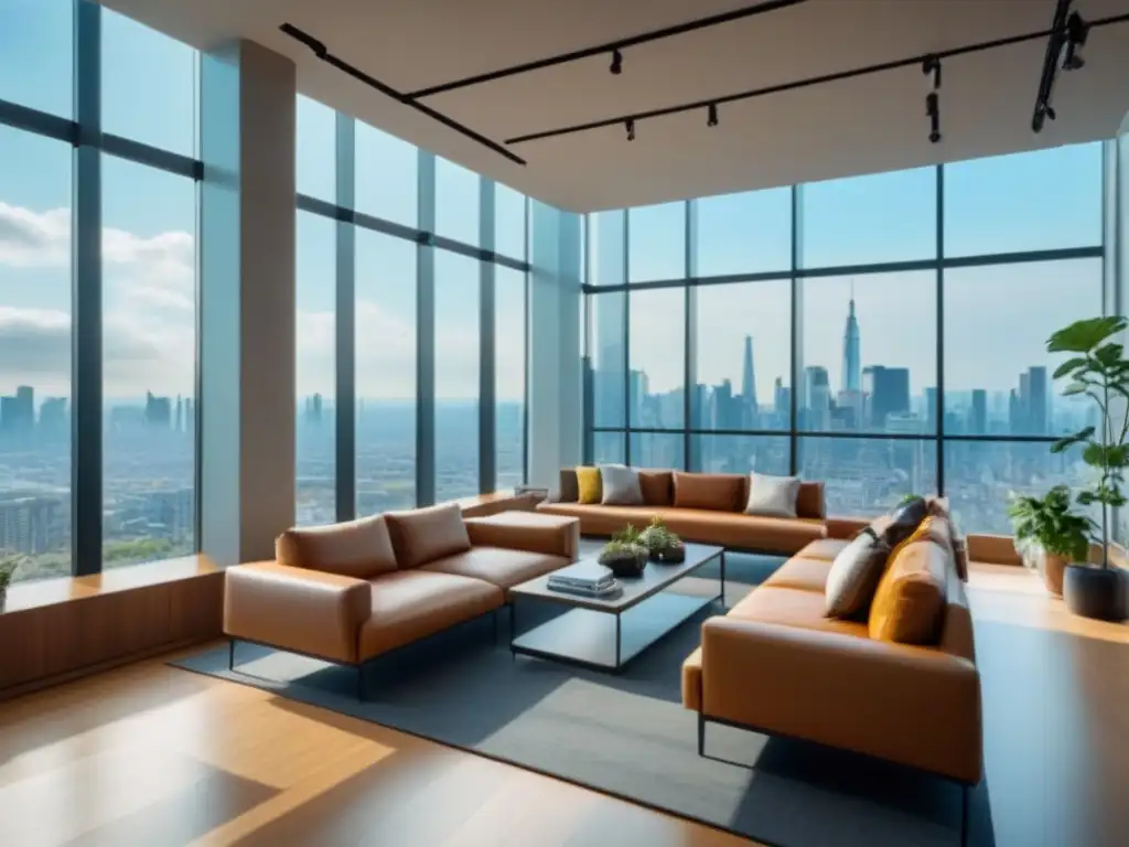 Espacio comercial moderno y vibrante en la ciudad Un espacio comercial vibrante y moderno con paredes de vidrio, techos altos y muebles contemporáneos